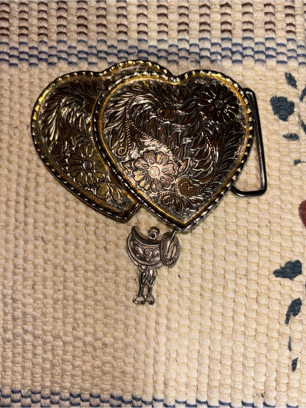 Gold-Tone and silver Heart, belt buckle.horse saddle bags necklace pendant.925